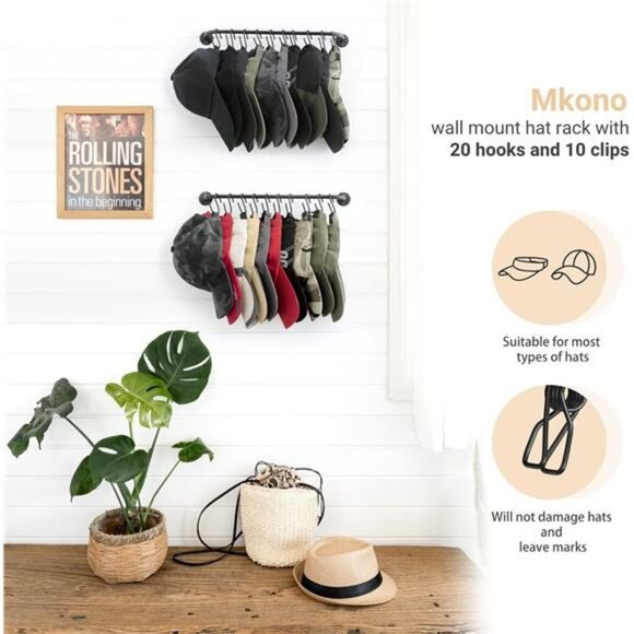 Hat Rack for Wall Baseball Cap Organizer Hanger with 20 Hooks Modern - Picture 5 of 14